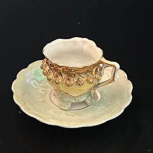 Vintage translucent Green and Gold Applied Demitasse Cup & Saucer.